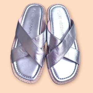 STUART WEITZMAN Roza Lift Slide Sandal PLATFORM  CROSS SILVER 8
